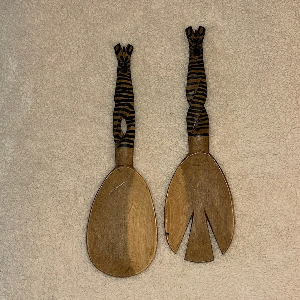 Handcarved Wooden Zebra Salad Serving Set